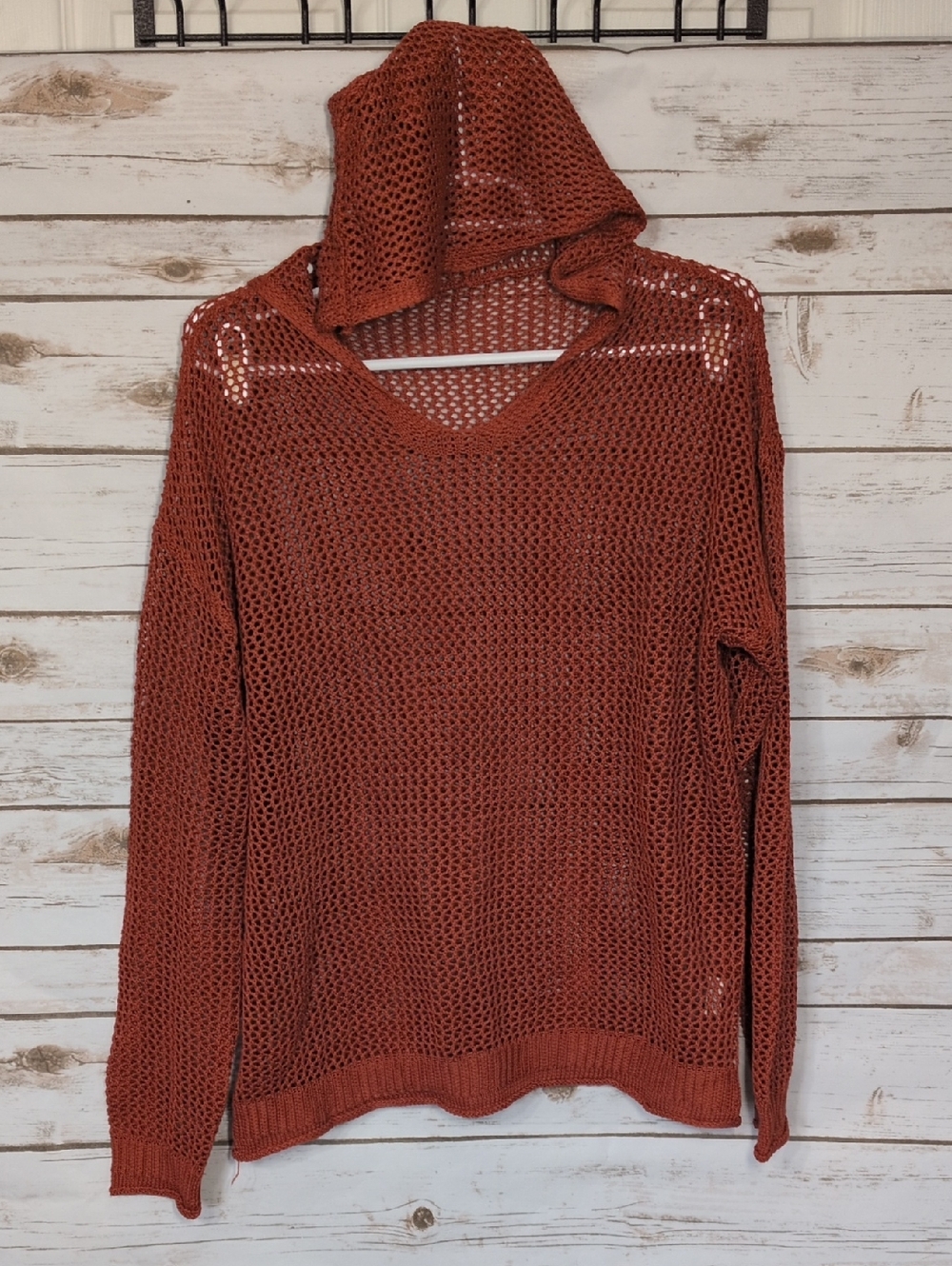 Women Rust Hooded Open-Knit Sweater/Bathing Suit Cover
